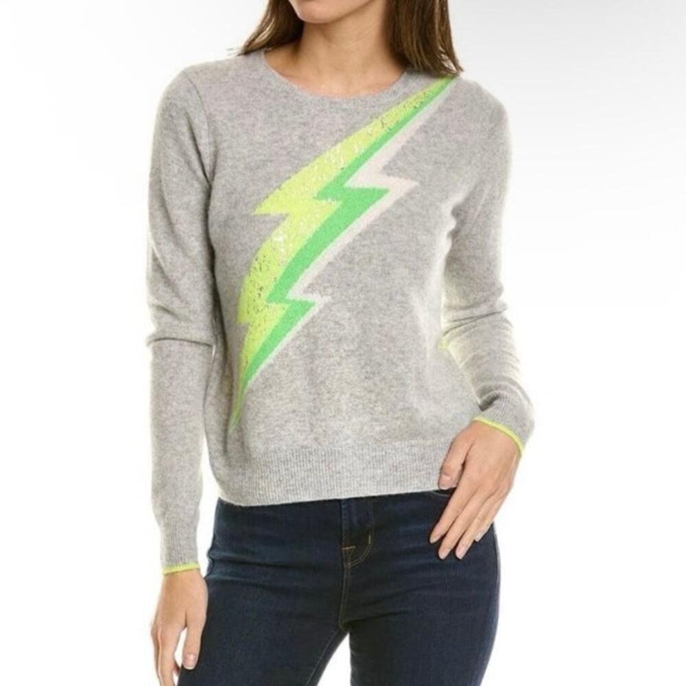 Scott & Scott Sz S Stormy Cashmere Crewneck Sweater W Neon Green Lightning Bolt